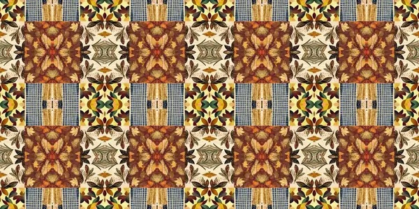 Autumn Leaves Woodland Seamless Border Brown Retro Kaleidoscopic Textile Washi — Stockfoto
