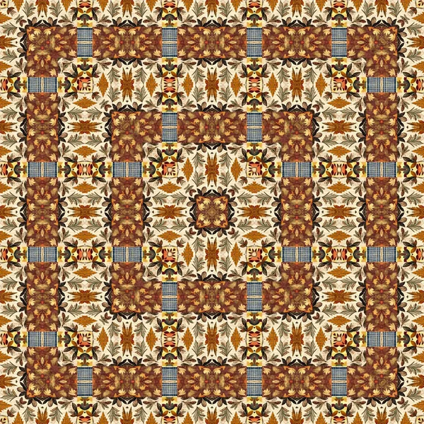 Autumn Leaves Woodland Seamless Pattern Brown Retro Kaleidoscopic Textile Print — 图库照片