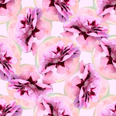 Kusursuz karanfil çiçeği fotoğraf kolajı tekrarlanıyor. Modaya uygun pembe, kadınsı bir çiçek. Cottagecore bahar bahçesi duvar kağıdı