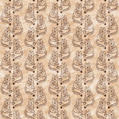 Bebek odası dekorasyonu için şirin bir safari vahşi kaplan deseni. Kusursuz büyük kedi kürklü kahverengi cinsiyet şekilli nötr iz tasarımı