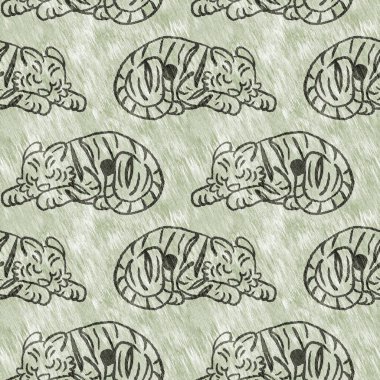 Bebek odası dekorasyonu için şirin bir safari vahşi kaplan deseni. Kusursuz büyük kedi kürklü yeşil desenli cinsiyet nötr iz tasarımı