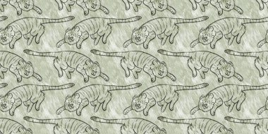 Bebek odası dekorasyonu için şirin bir safari vahşi kaplan sınırı. Kusursuz büyük kedi kürklü yeşil desenli cinsiyet nötr iz tasarımı.