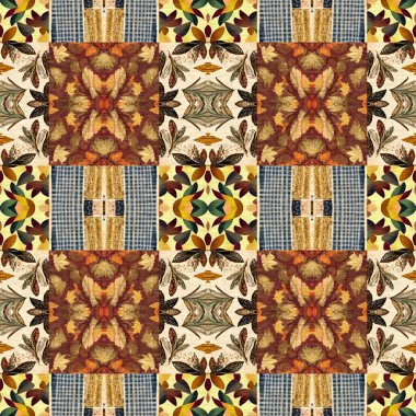 Autumn leaves woodland seamless pattern. Brown retro kaleidoscopic textile print. Backdrop of vintage ornate forest wallpaper. Garden botanical print