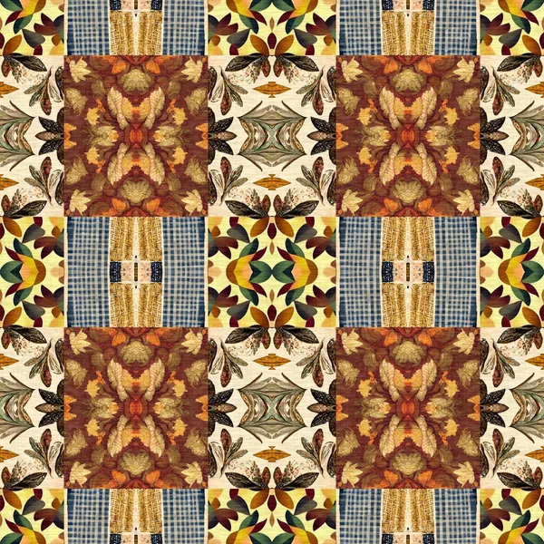 Autumn Leaves Woodland Seamless Pattern Brown Retro Kaleidoscopic Textile Print — ストック写真