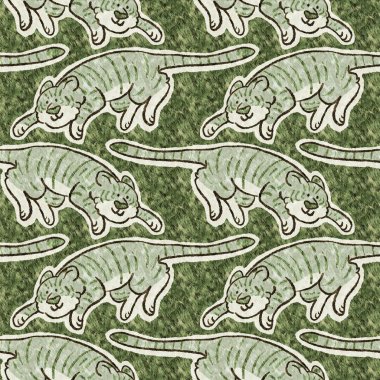 Bebek odası dekorasyonu için şirin bir safari vahşi kaplan deseni. Kusursuz büyük kedi kürklü yeşil desenli cinsiyet nötr iz tasarımı