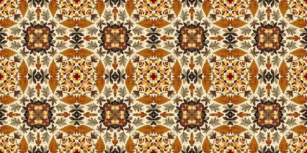 Autumn Leaves Woodland Seamless Border Brown Retro Kaleidoscopic Textile Washi —  Fotos de Stock