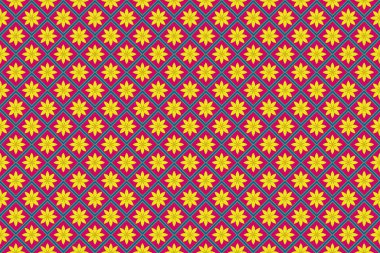 Kumaş, tekstil ve duvar kağıdı yapımında kullanılan arka planı tekrarlayan çiçeksel geometrik desenlere sahip kusursuz bir arka plan..