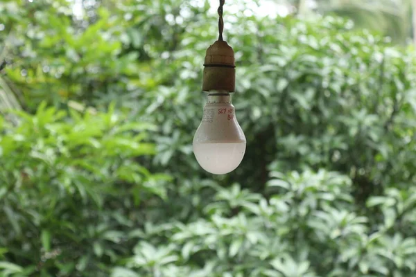 An LED bulb on a hanging wire