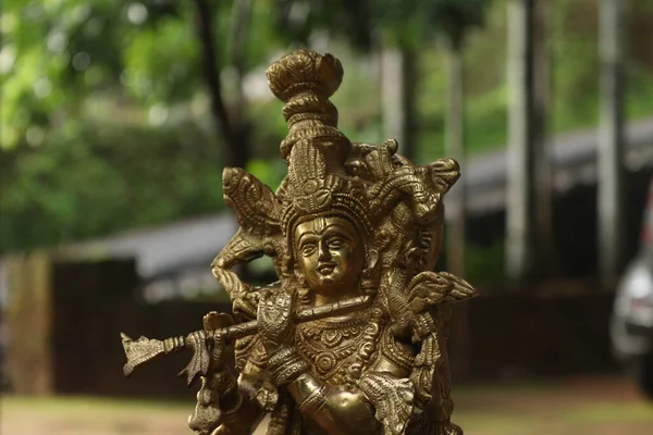 Ένα Κοντινό Πλάνο Του Lord Krishna Ορείχαλκο Είδωλο Χρυσό Χρώμα — Φωτογραφία Αρχείου