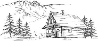 A hand-drawn drawing showing a highlander wooden house and the Tatra Mountains and the Giewont peak. clipart