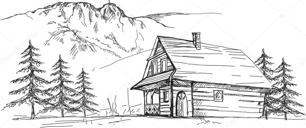A hand-drawn drawing showing a highlander wooden house and the Tatra Mountains and the Giewont peak.
