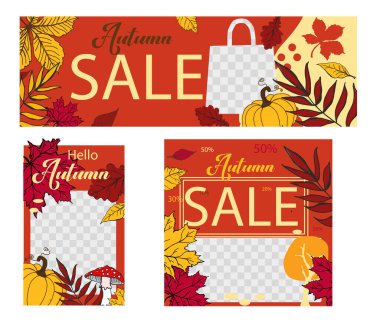 Turuncu ve kırmızı tonlarda sonbahar tanıtım afişleri el yapımı elementler: yapraklar, ağaçlar ve bir balkabağı.