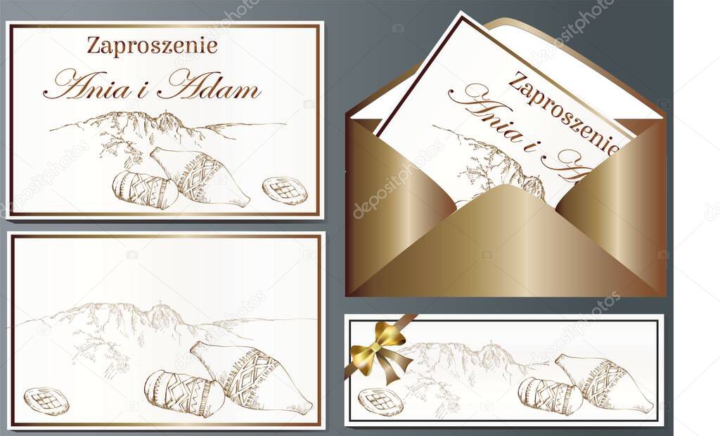 A wedding invitation in the highlander style presenting the Polish Tatra Mountains, Polish mountains and traditional highlander cheese. Graphics made in shades of white and brown.