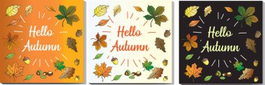 Turuncu ve kırmızı tonlarda üç sonbahar tanıtım afişi, el yapımı elementler: yapraklar ve ağaçlar 