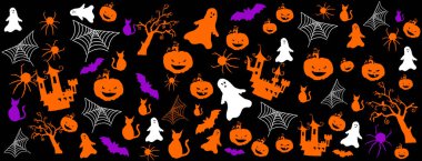 Renkli eşyalar dizisi Cadılar Bayramı partisini karalıyor: balkabakları, kara kediler, hayaletler, yaşlı ağaçlar ve yarasalar siyah arka planda.