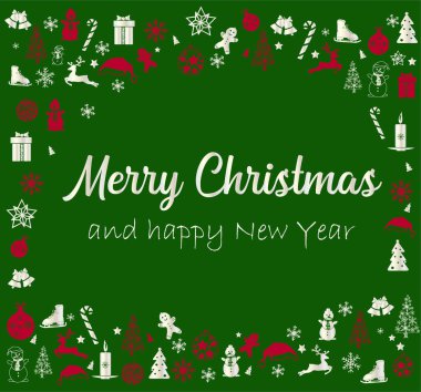 Mutlu Noeller ve süslemeli yeni yıl afişi. Vektör. Noel eşyaları: hediyeler, ren geyikleri, Noel ağaçları, kardan adamlar.