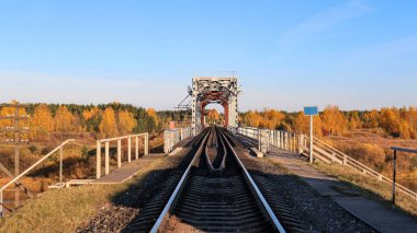 Mavi gökyüzü ve ormanın arka planında demiryolu köprüsü