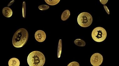 Bitcoins siyah arkaplan üzerine animasyon döngüsü düşer