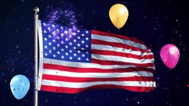 Havai fişekler ve balonlarla Bağımsızlık Günü Bayrağı Döngüsü