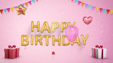 Pembe arka planı, balonları ve havai fişekleri olan mutlu yıllar, 4K çözünürlük.