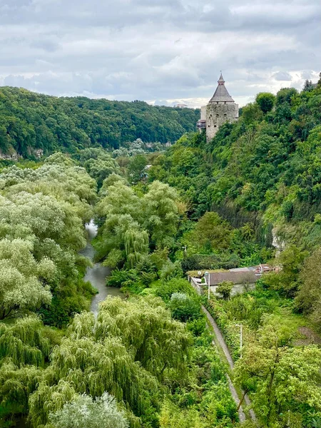 a castle on a mountain in the woods in summer next to the river