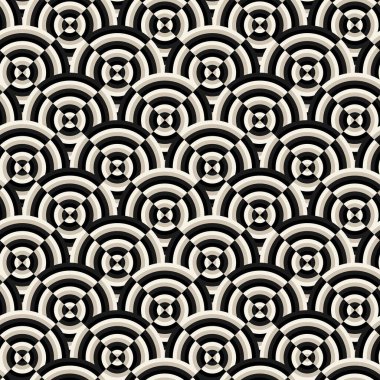 Üst üste binen siyah ve beyaz eşmerkezli daireler. Optik illüzyon tarzı. Kusursuz vektör görüntüsü. Soyut geometrik monokrom çizimi. Tekstil, ambalaj, baskı, ağ ve her türlü dekoratif proje için mükemmel..