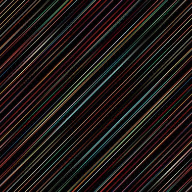 Siyah arka planda çok renkli çapraz çizgiler. İnce çizgiler. Değişik renkler var. Kusursuz tekrarlama deseni.