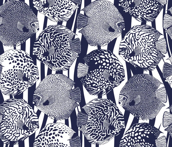 Группа Дисковых Рыб Бесшовном Повторяющемся Рисунке Двухцветное Векторное Изображение Орнаментальная — стоковый вектор