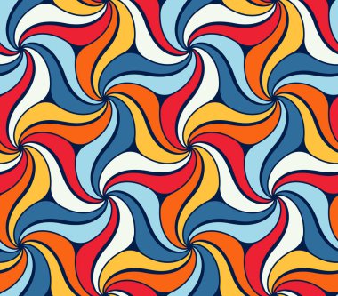 Girdapların, girdapların ve girdapların geometrik bileşimi. Dairesel bir hareketle çok renkli dalgalar. Kusursuz tekrarlama kalıbı. Vektör illüstrasyonu.