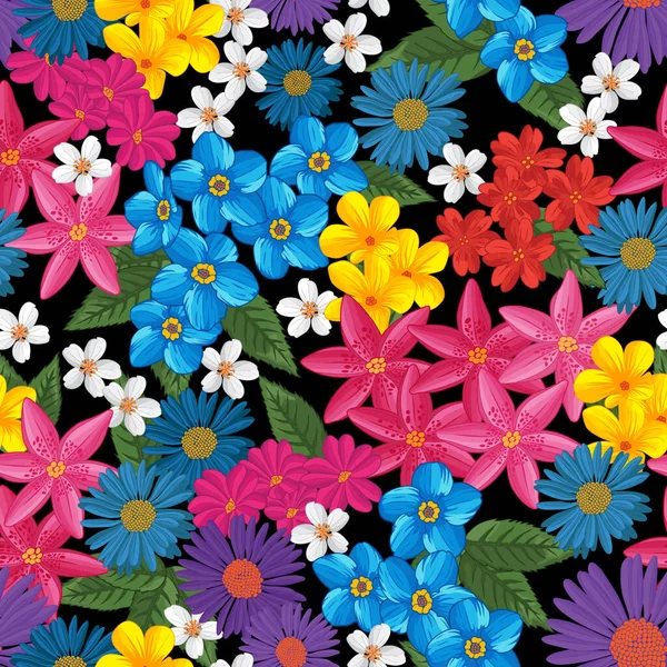 Çok renkli çiçekleri ve siyah arka planda yaprakları olan kusursuz bir desen. Parlak ve canlı renkleri olan çiçek vektör çizimi. Kumaşlar, ambalajlar, dokular ve arka planlar için harika..