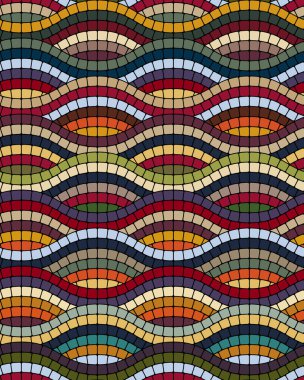 Multicolored decorative pattern with wavy lines made of small square tiles. Mosaic style in yellow, green, and light blue on a black background. Seamless vector geometric pattern. 