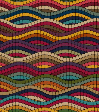 Geometric decoration with wavy lines composed of square tiles of different colors. Mosaic with multicolored waves in yellow, green, and red on a black background. Seamless vector pattern.