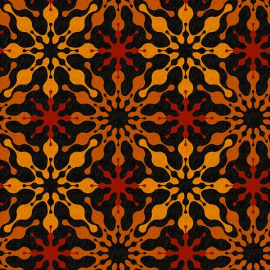 Kusursuz tekrarlayan model. Siyah arkaplanda kırmızı, turuncu ve sarı çiçeklerin soyut geometrik tasarımı için dalgalı çizgiler.