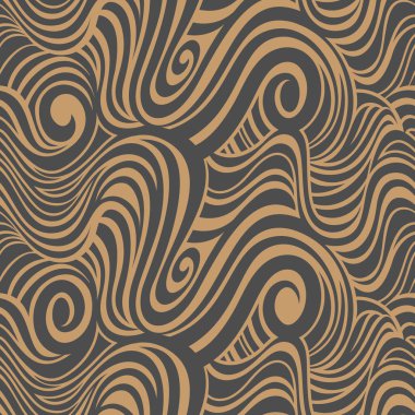 Kahverengi bir zemin üzerinde siyah dalgalı çizgilerin geometrik bileşimi girdaplar, kıvrımlar, dalgalar ve spiraller oluşturuyor. Kusursuz soyut desen. Vektör illüstrasyonu. 