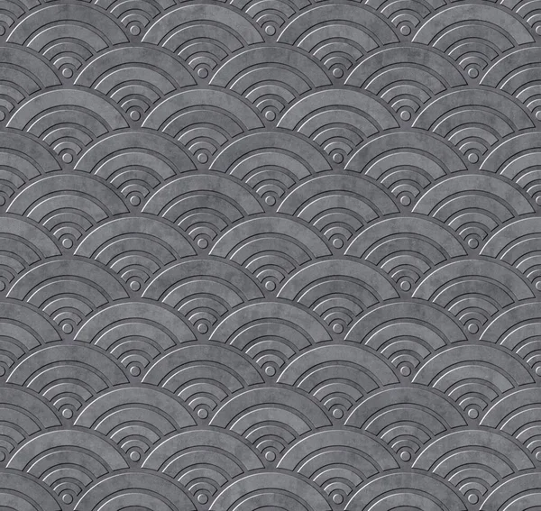 Seamless traditional japanese fish scale pattern with concentric circles. Decorative metal plate with a grey steel embossed metallic surface. Great as a texture or background.