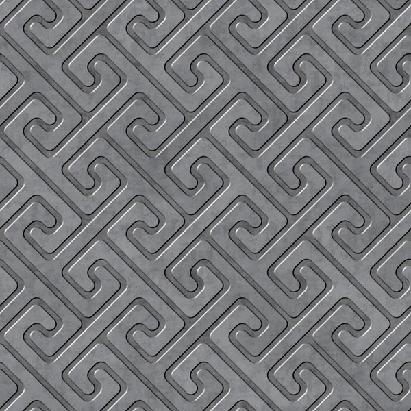 Decorative metal plate with embossed geometric lines in a labyrinth motif. Grey steel metallic surface. Seamless repeating pattern. Great as a texture or background.