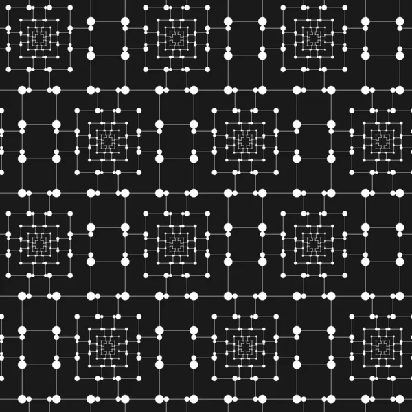 Grid White Lines White Dots Intersection Black Background Seamless Abstract — Stock vektor