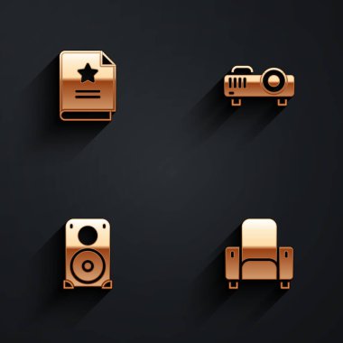 Senaryo, Film, Film, Medya Projektörü, Stereo hoparlörü ve uzun gölgeli Sinema sandalye ikonu. Vektör