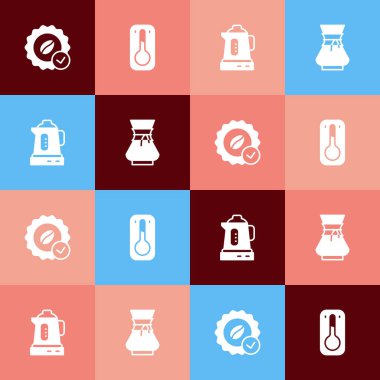 Pop sanat madalyasını kahve, kahve termometresi, elektrikli su ısıtıcısı ve üzerine dökme ikonu olarak ayarla. Vektör