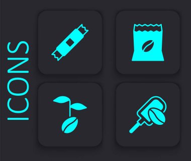 Spatula 'yı kahve taneleri, şeker paketleri, fasulye ve kahve ikonu ile hazırla. Siyah kare düğme. Vektör