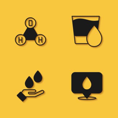 Kimyasal formül suyu H2O, su damlası ve uzun gölgeli el sabunu ve cam ikonu ayarla. Vektör