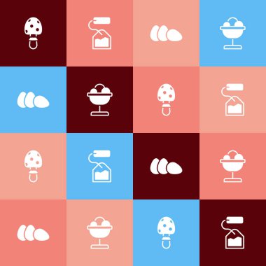 Pop Art Fly agaric mantarı, çay poşeti, tavuk yumurtası ve dondurmayı kase ikonuna koyun. Vektör