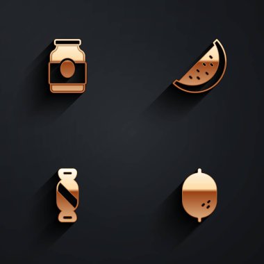 Reçel kavanozu, karpuz, şeker ve uzun gölgeli limon ikonu. Vektör