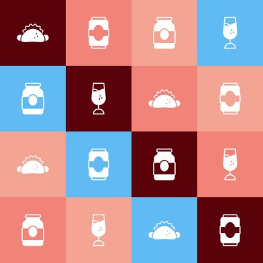 Pop Art Taco 'yu tortilla, soda kutusu, reçel kavanozu ve cam ikonla hazırla. Vektör