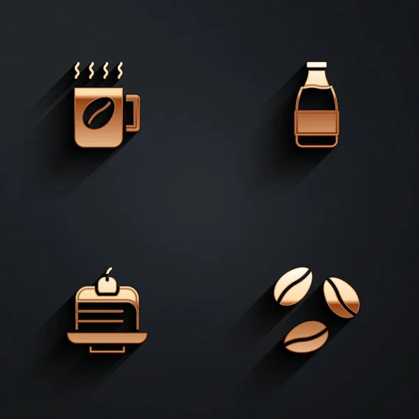 Set Koffiebeker, Melkfles, Piece cake en bonen icoon met lange schaduw. Vector — Stockvector