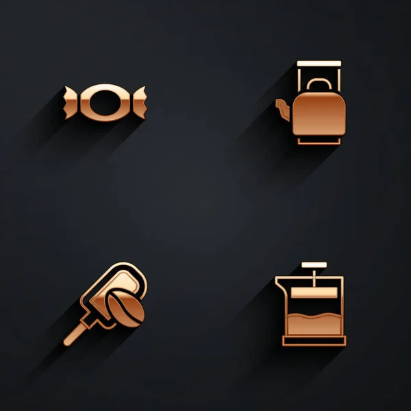 Set Snoep, Ketel met handvat, Spatel koffie graan en Franse pers icoon met lange schaduw. Vector — Stockvector