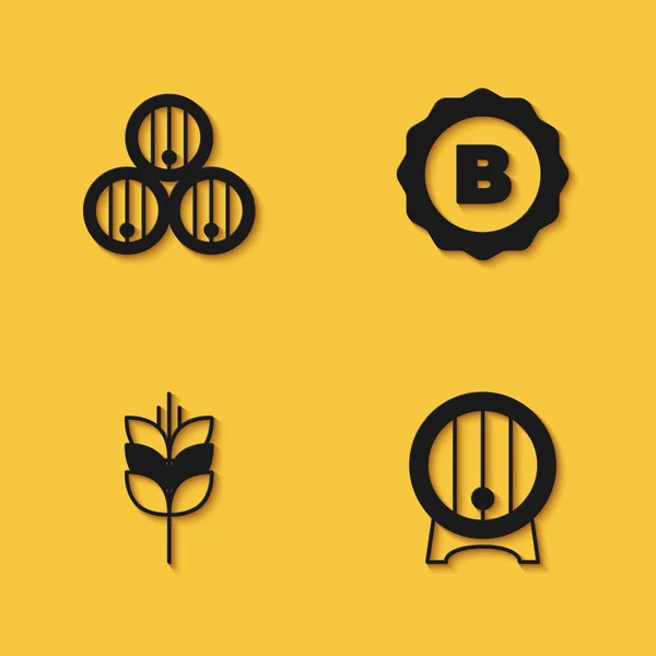 Set Wooden barrel, on rack, Wheat and Bottle cap icon with long shadow. Vector — Stock Vector