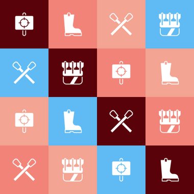 Pop sanat hedef sporu, su geçirmez lastik bot, ateş ve Quiver ok ikonu ile yanan kibrit ayarlayın. Vektör