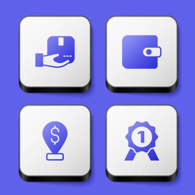 Teslimat elini kutu, cüzdan, nakit konum broşu ve madalya ikonu ile ayarla. Beyaz kare düğme. Vektör