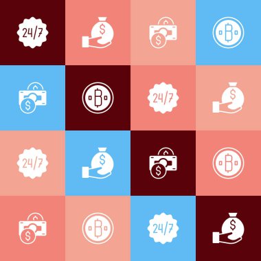 Pop sanat saatini 24 saat, para çantasını, kağıt parayı ve Bitcoin para basma ikonunu ayarla. Vektör